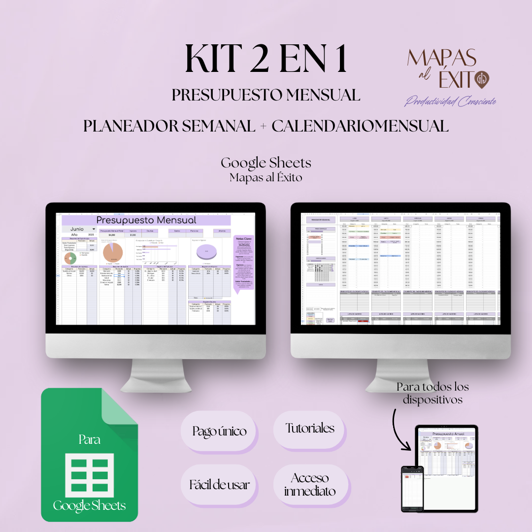 2 en 1 Kit Presupuesto Mensual y Planeador Semanal (Incluye Calendario Mensual)