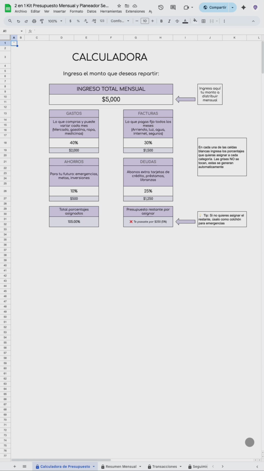2 en 1 Kit Presupuesto Mensual y Planeador Semanal (Incluye Calendario Mensual)