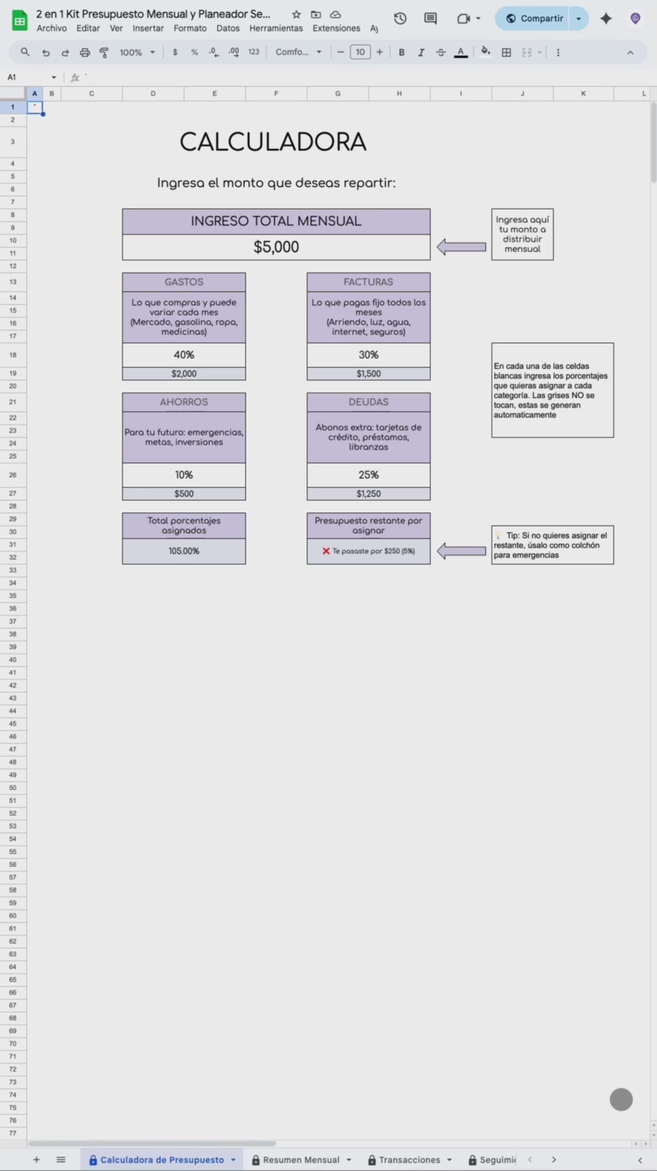 2 en 1 Kit Presupuesto Mensual y Planeador Semanal (Incluye Calendario Mensual)