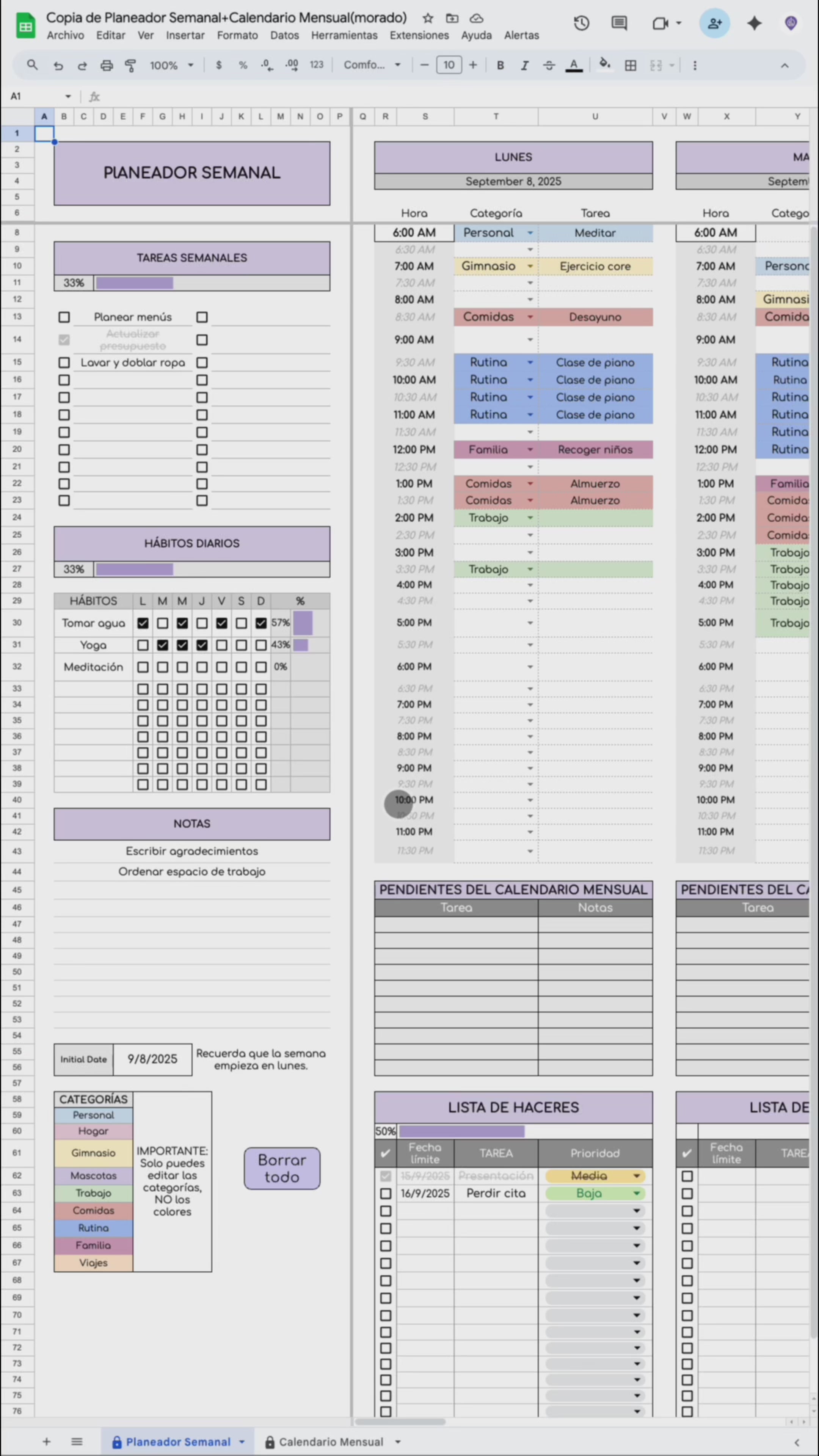 Planeador Semanal + Calendario Mensual - Asistente Personal Digital