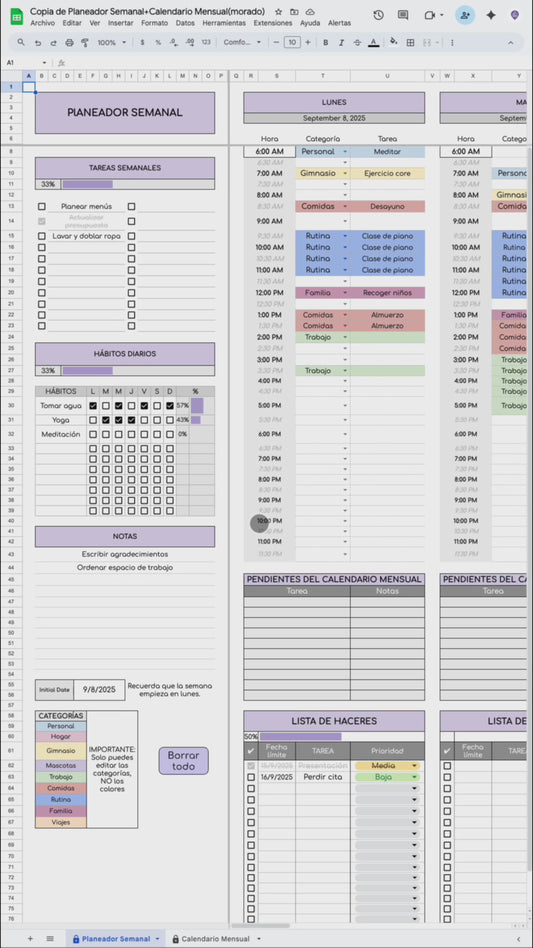 Planeador Semanal + Calendario Mensual